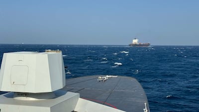 An Italian navy frigate escorts a merchant vessel in the Gulf of Aden, where Yemen's Houthi rebels have frequently attacked commercial ships. Photo: EUNAVFOR
