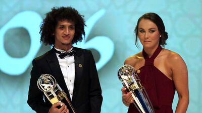 Caitlin Foord, right, alongside men'a player of the year Omar Abdulrahman. Nezar Belout / AFP