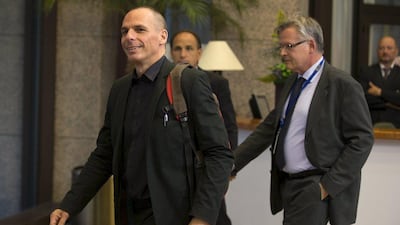 Greek finance minister Yanis Varoufakis leaves a euro-zone finance ministers meeting on Saturday in Brussels. Philippe Wojazer / Reuters