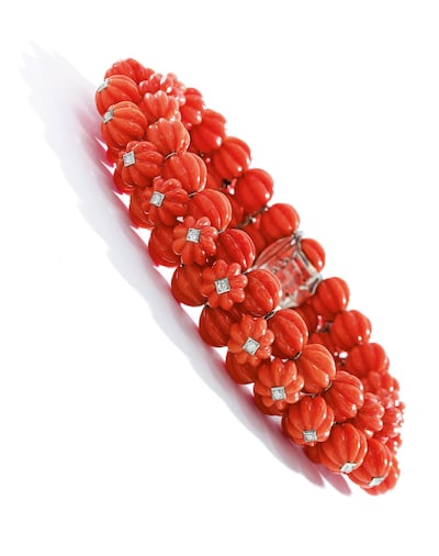 This coral and diamond Cartier bracelet is worth between $80,000 – $120,000. Courtesy Sotheby's