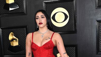 Lourdes Leon in a red embellished dress by Area. AFP