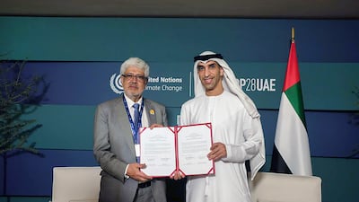 Dr Thani Al Zeyoudi, UAE Minister of State for Foreign Trade (right), and German Umana, Minister of Industry, Commerce and Tourism for Colombia, finalised the terms of a Cepa deal in the UAE on Saturday. Photo: @thanialzeyoudi