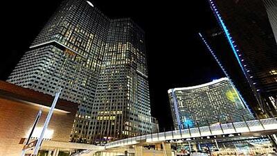 CityCenter’s 4,004-room Aria gaming resort, right, with Las Vegas’s first Mandarin Oriental hotel, left.