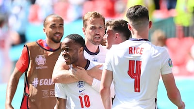 England's Raheem Sterling, left, celebrates with his teammates after scoring his side's goal during the Euro 2020 1-0 win against Croatia at Wembley on June 13, 2021. AP