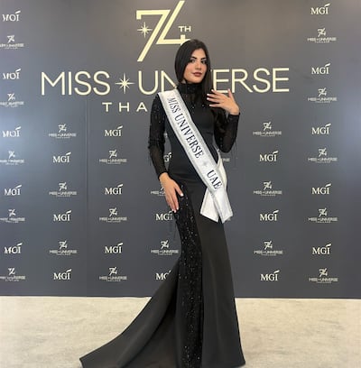 Mohamed in a sleek black gown by Lebanese-Brazilian label Aavva. Photo: Miss Universe UAE