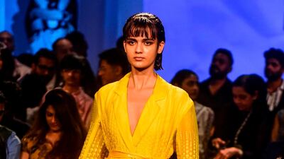 A model presents a creation by Rahul Mishra during Lakme Fashion Week summer/resort 2020 in Mumbai, India, on February 12, 2020. AFP