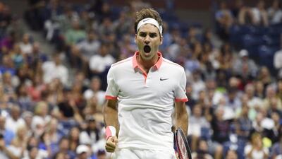 Roger Federer reacts during his fourth round win over John Isner at the US Open on Monday in New York City. Daniel Murphy / EPA / September 7, 2015