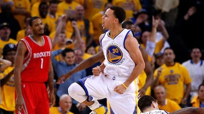 Stephen Curry celebrates after leading Golden State to a 2-0 series lead over Houston Rockets on May 21, 2015. Ezra Shaw / Getty
