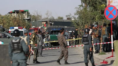 Afghan security police inspect at the site of suicide attack near the Afghan defence ministry in Kabul, Afghanistan on September 5, 2016, where twin bombings killed dozens of people in an attack claimed by the Taliban. Rahmat Gul/AP Photo