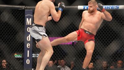 Jan Blachowicz throws a kick at Magomed Ankalaev during UFC 282 at T-Mobile Arena. USA Today