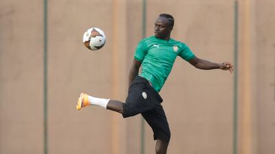 Senegal's Sadio Mane controls the ball during a training session for the Africa Cup of Nations 2022 semi-final soccer match against Burkina Faso. AP Photo