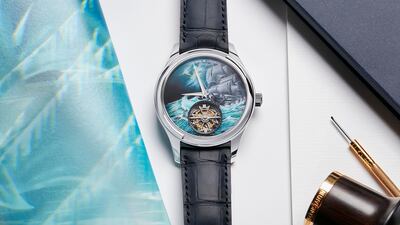 An 18-carat white gold minute repeater tourbillon depicting the legendary ghost ship Flying Dutchman, using both miniature and grisaille enameling techniques. Photo: Vacheron Constantin