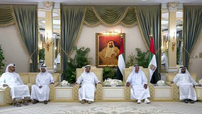 Sheikh Khalifa bin Zayed receives Sheikh Mohammed bin Rashid, Vice President of the UAE and Ruler of Dubai, Sheikh Humaid bin Rashid Al Nuaimi, UAE Supreme Council Member and Ruler of Ajman, Sheikh Hamad bin Mohamed Al Sharqi, UAE Supreme Council Member and Ruler of Fujairah and HH Sheikh Mohamed bin Zayed. Abdullah Al Junaibi for Ministry of Presidential Affairs