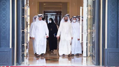 Sheikh Mohammed and ministers arriving for the Cabinet meeting in Abu Dhabi.
