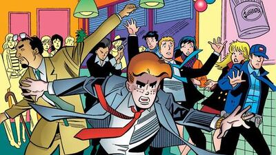 This photo provided by Archie Comics shows Archie in his final moments of life in the comic book, Life with Archie, issue 37. Archie Andrews will die taking a bullet for his gay best friend. The famous freckle-faced comic book icon will die in the July 16, 2014 instalment of Life with Archie while intervening in the assassination of Kevin Keller, Archie Comics’ first openly gay character. Archie Comics / AP photos