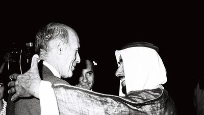 President Valéry Giscard d’Estaing of France arrives in Abu Dhabi in 1980 to be greeted by Sheikh Zayed. Al Ittihad