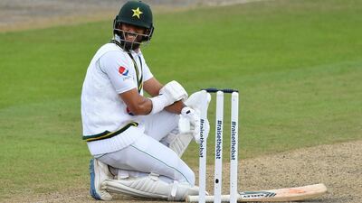 Pakistan's Shan Masood after being hit on the arm off the bowling of Stuart Broad. Reuters