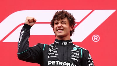Mercedes driver Kimi Antonelli celebrates on the podium after winning the 2026 Belgium Grand Prix at Circuit de Spa-Francorchamps on June 19. Getty Images