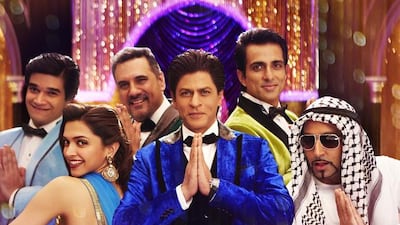 The cast of Happy New Year, from left to right, Vivaan Shah, Deepika Padukone, Boman Irani, Shah Rukh Khan, Sonu Sood and Abhishek Bachchan. Courtesy Red Chillies Entertainment