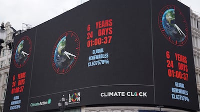 The National Climate Clock at Piccadilly Circus in central London, part of London Climate Action Week. The clock provides a stark warning that there are only six years and 24 days left to limit global warming to 1.5°C above pre-industrial levels. PA