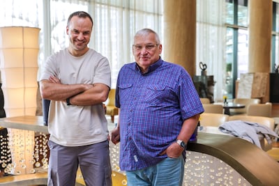 Stan Rudenko, left, chief executive of Abu Dhabi's Aspire Spacem and Sergey Alekseevich Sopov, a space engineer who worked on the former Soviet Union's and Russia's biggest space projects. Victor Besa / The National