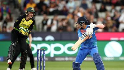 Shafali Verma of India is caught behind by Alyssa Healy off the bowling of Megan Schutt. Getty