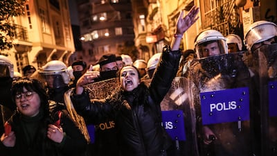 Female protesters are blocked by police as they march to Taksim Square to mark International Women's Day in Istanbul, Turkey, on March 8. EPA