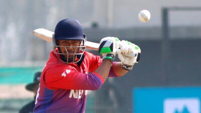 Nepal's captain Gyanendra Malla during the World Cup League Two match against Oman at the Tribhuvan University in Kathmandu on Sunday. Subas Humagain for The National