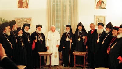 Pope John Paul II meets Orthodox Church dignitaries in Beirut during a visit to Lebanon in May 1997. Getty Images