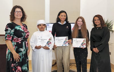Sophia Brecknell, Mayed Saeed bin Bwayd, Alia Naidj, Matilda Rice and Mina Al-Oraibi at the British ambassador's residence. Pawan Singh / The National