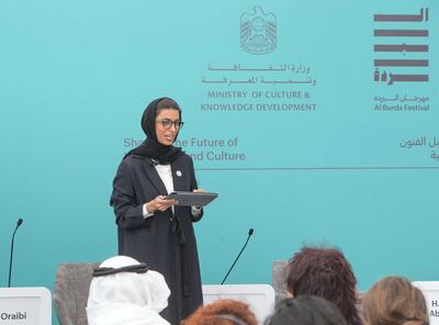 ABU DHABI, UNITED ARAB EMIRATES -HE Noura Bint Mohammed Al Kaabi, Minster of Culture and Knowledge Development, UAE at the Al Burda Festival, Shaping the Future of Islamic Art and Culture at Warehouse 421, Abu Dhabi. Leslie Pableo for The National for Melissa Gronlund’s story