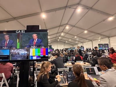A general view of the inside of the UN General Assembly media tent, on September 22, 2026. Thomas Watkins / The National