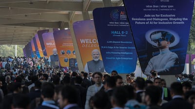 Visitors gather on day one of the AI Impact Summit 2026 at Bharat Mandapam in New Delhi. EPA