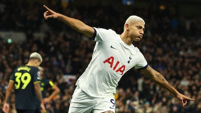 Soccer Football - Premier League - Tottenham Hotspur v Newcastle United - Tottenham Hotspur Stadium, London, Britain - December 10, 2023 Tottenham Hotspur's Richarlison celebrates scoring their second goal Action Images via Reuters/Paul Childs NO USE WITH UNAUTHORIZED AUDIO, VIDEO, DATA, FIXTURE LISTS, CLUB/LEAGUE LOGOS OR 'LIVE' SERVICES. ONLINE IN-MATCH USE LIMITED TO 45 IMAGES, NO VIDEO EMULATION. NO USE IN BETTING, GAMES OR SINGLE CLUB/LEAGUE/PLAYER PUBLICATIONS.
