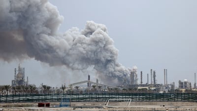 Smoke rises following a strike on the Bapco Oil Refinery on Sitra Island, Bahrain. Reuters