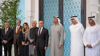 Sheikh Mohamed and Mr Sharif with Sheikh Abdullah, Abdullah Al Nuaimi, Minister of Justice and members of the Pakistani delegation