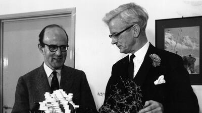 Max Perutz, left, is pictured with fellow Nobel Prize winner Paul Kendrew. Perutz and Kendrew shared the Nobel Prize in Chemistry in 1962 for their studies of the structures of haemoglobin and myoglobin. Getty Images