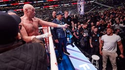 Tyson Fury exchanges words with Anthony Joshua after his fight at Tottenham Hotspur Stadium on April 11, 2026 in London, England. Getty Images