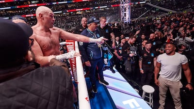 Tyson Fury exchanges words with Anthony Joshua after his fight at Tottenham Hotspur Stadium on April 11, 2026 in London, England. Getty Images