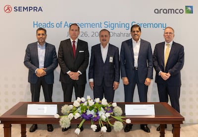 Officials at the agreement signing. Photo: Sempra, Aramco