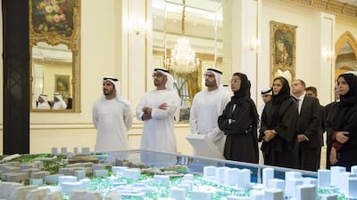 Sheikh Mohammed bin Zayed, Crown Prince of Abu Dhabi Deputy Supreme Commander of the Armed Forces, inspects a Dh 12 billion worth plan to develop the southern part of Yas Island by Miral, during a Sea Palace barza. Seen with Mohamed Al Mubarak, Chairman of Abu Dhabi Tourism and Culture Authority (3rd L), Noura Al Kaabi, Minister of State for Federal National Council Affairs. Mohamed Al Hammadi / Crown Prince Court - Abu Dhabi