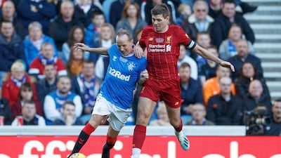 Liverpool's Steven Gerrard (right) and Rangers' Trevor Steven during the legends match at Ibrox Stadium, Glasgow. PA Photo. Picture date: Saturday October 12, 2019. Photo credit should read: Steve Welsh/PA Wire