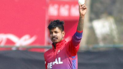 Sandeep Lamichhane celebrates his sixth wicket against USA on Wednesday. Subas Humagain for The National