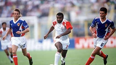 The UAE's Khaleel Mubarak on the attack against Yugoslavia in the 1990 World Cup in Italy.