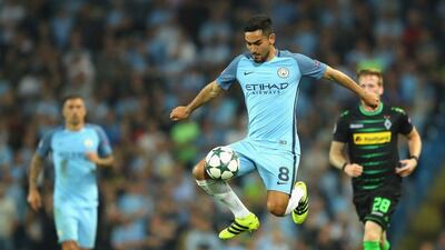 Ilkay Gundogan of Manchester City in action against Borussia Monchengladbach in the Champions League on Wednesday night. Richard Heathcote / Getty Images / September 14, 2016