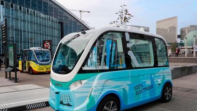 A self-driving Navya Arma bus shuttle in Paris. A similar vehicle was involved in a minor accident with a delivery truck in Las Vegas last week. Jacques Demarthon / AFP