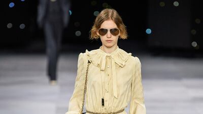 A ruffled collar and pussy bow tie at Celine, spring summer 2020