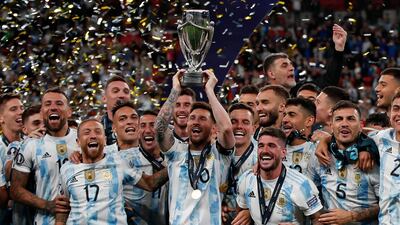 Lionel Messi lifts the trophy as Argentina celebrate their victory in the Finalissima against Italy at Wembley Stadium in London on June 1. AFP
