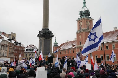 Demonstrators march for the release of Israeli hostages in Warsaw, Poland, in November. AFP
