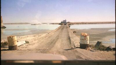 The crossing into Abu Dhabi island in the early 1960s. Al Maqta Tower is on the left and the customs post is ahead. Photo: David Riley
